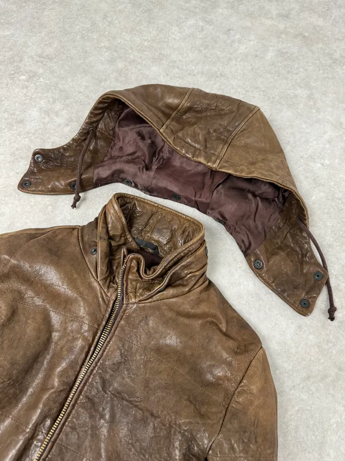2000s Daniele Alessandrini Avant-Garde Raw Brown Leather Hooded Jacket - Image 6