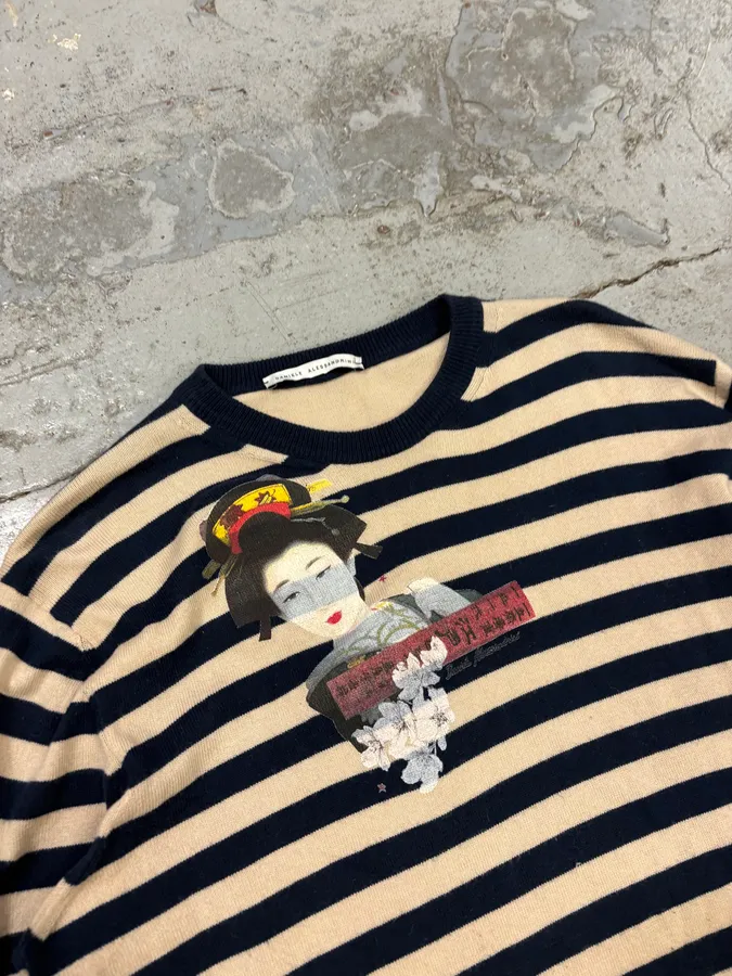 2000s Daniele Alessandrini Beige & Navy Chinese Striped Sweater - Image 5