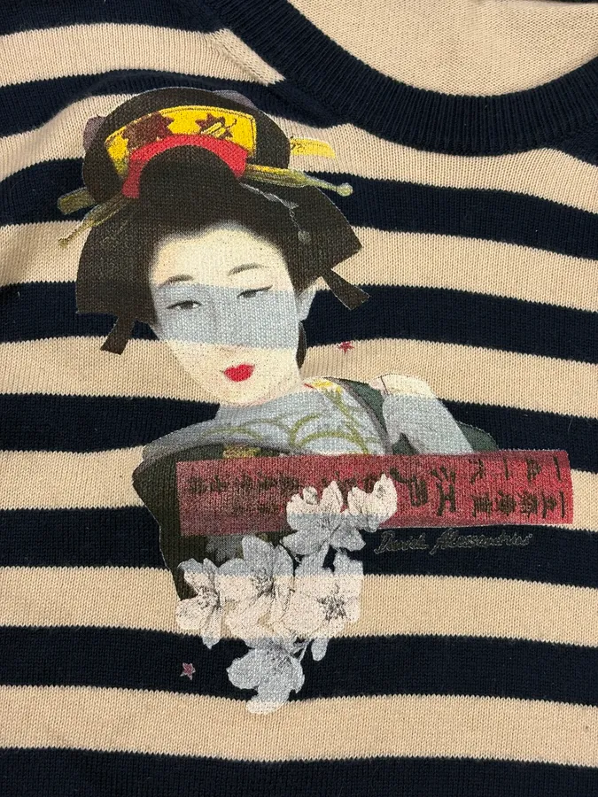 2000s Daniele Alessandrini Beige & Navy Chinese Striped Sweater - Image 8