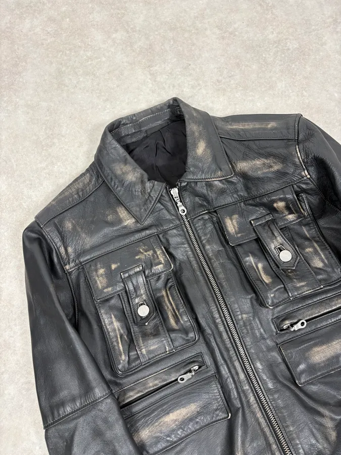 2000s Daniele Alessandrini Black Faded Leather Trucker Jacket - Image 5