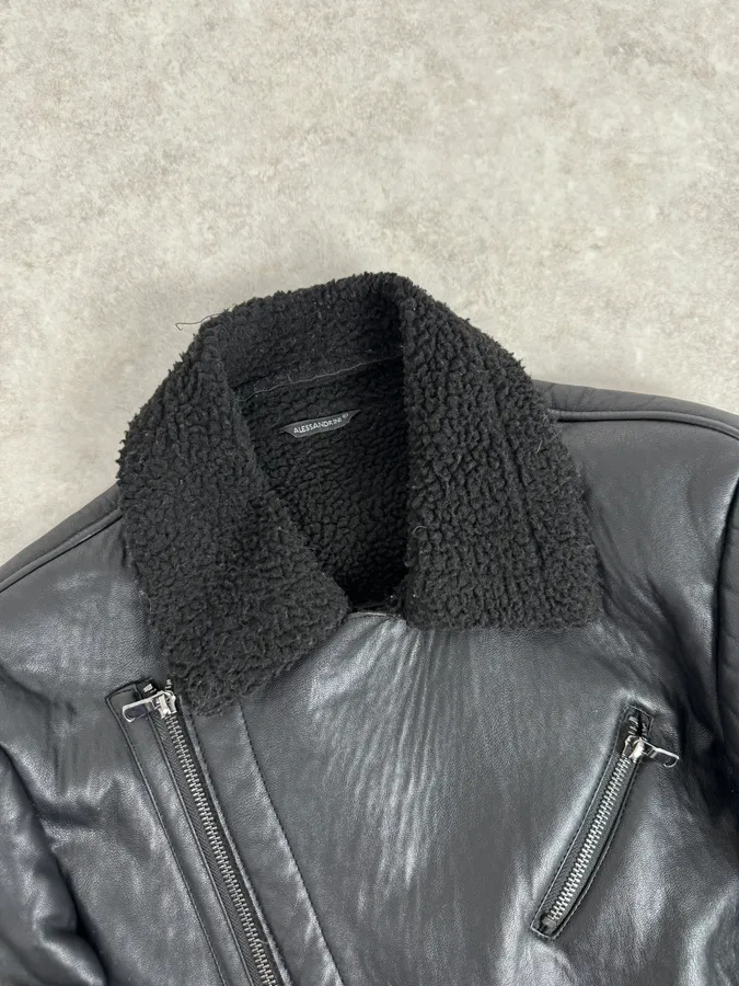 2000s Daniele Alessandrini Black Leather Shearling Jacket - Image 4