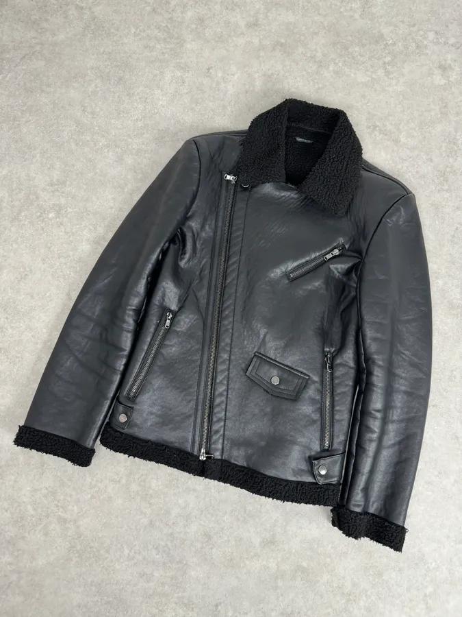 2000s Daniele Alessandrini Black Leather Shearling Jacket - Image 5