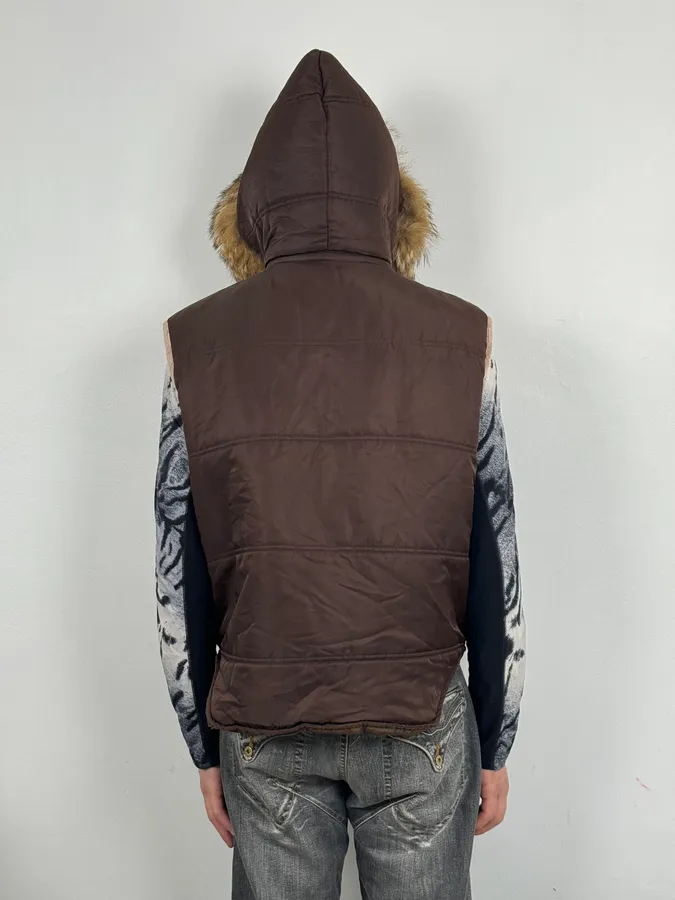 2000s Daniele Alessandrini Brown Fur Hodded Puffer Vest - Image 3