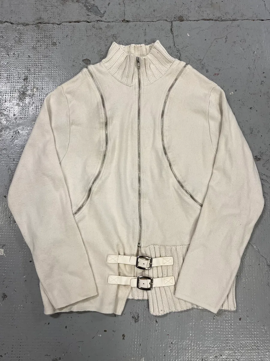 2000s Daniele Alessandrini Circle Zip White Zip-up Sweater