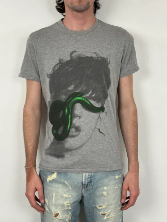 2000s Daniele Alessandrini Grey Snake Portrait T-Shirt - Image 2