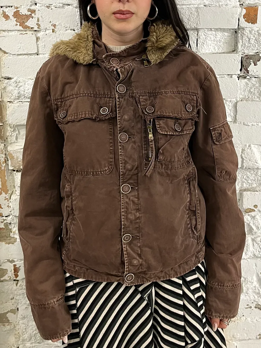 2000s Daniele Alessandrini Military Brown Multi Pockets Faux Fur Jacket