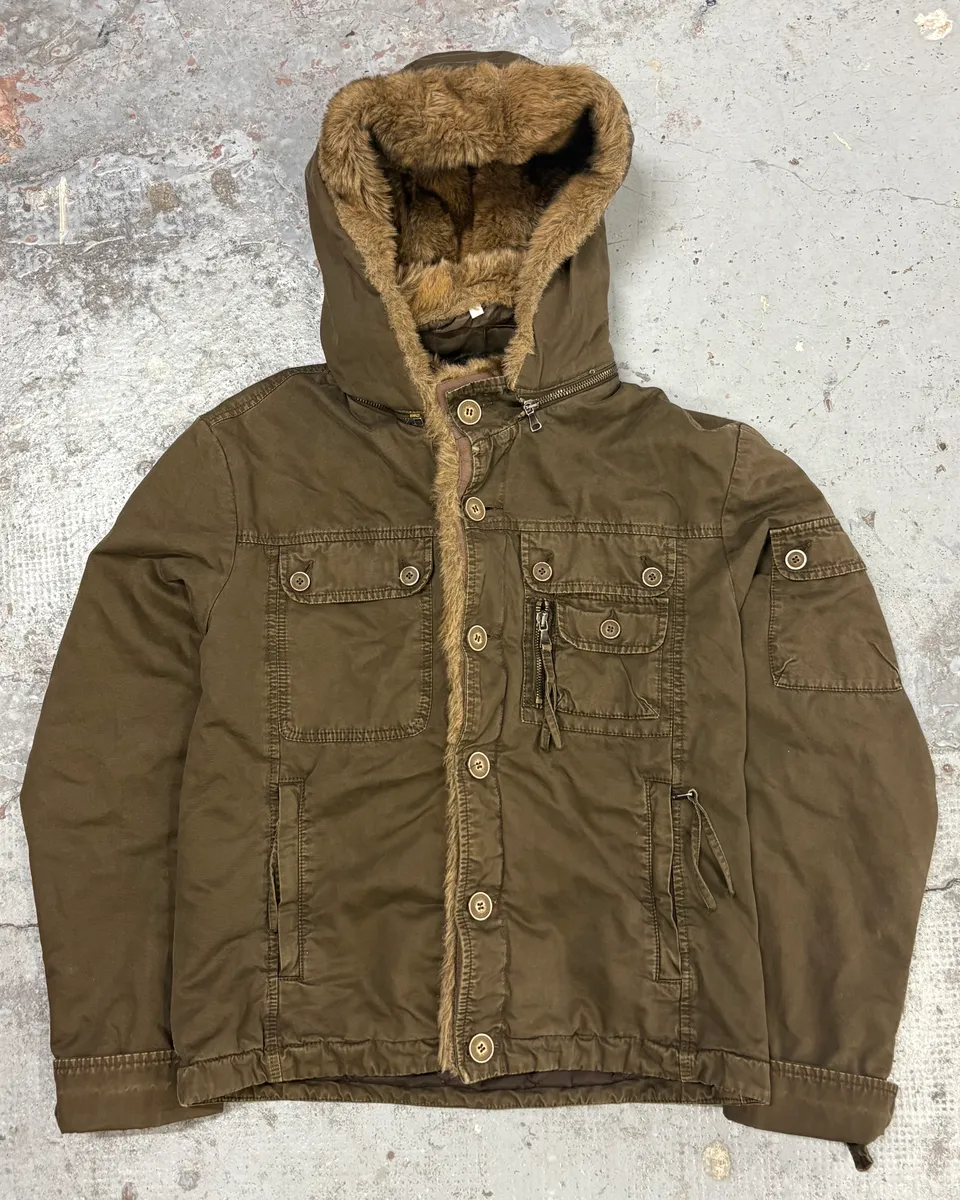 2000s Daniele Alessandrini Military Brown Multi Pockets Faux Fur Jacket