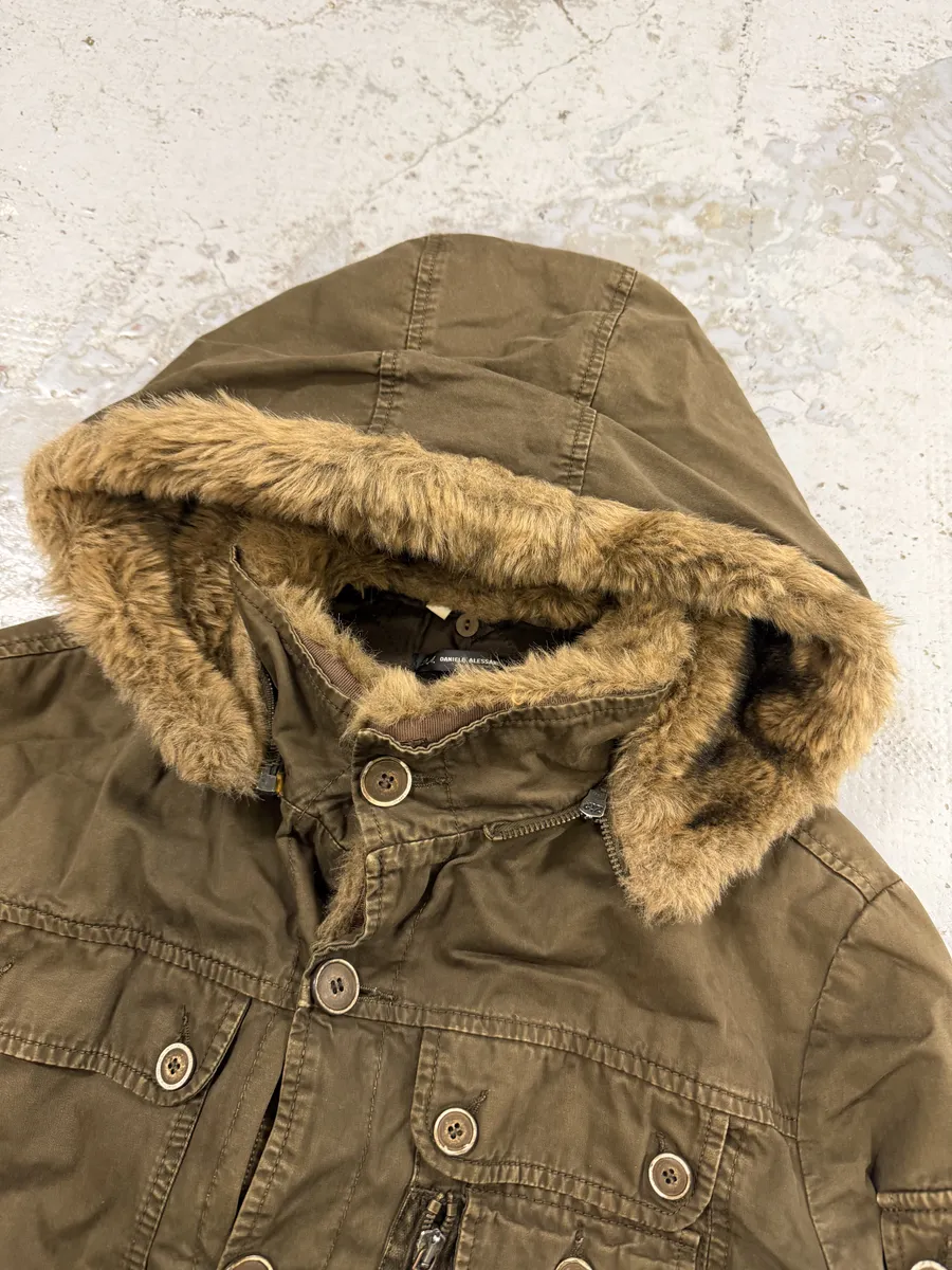 2000s Daniele Alessandrini Military Green Fur Hooded Jacket - Image 11