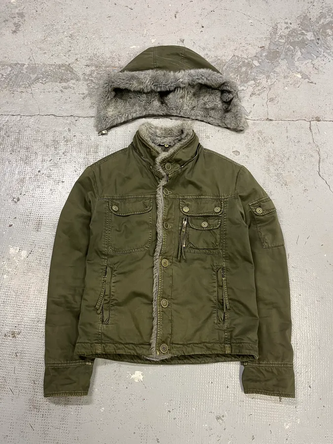 2000s Daniele Alessandrini Military Green Multi Pockets Faux Fur Jacket