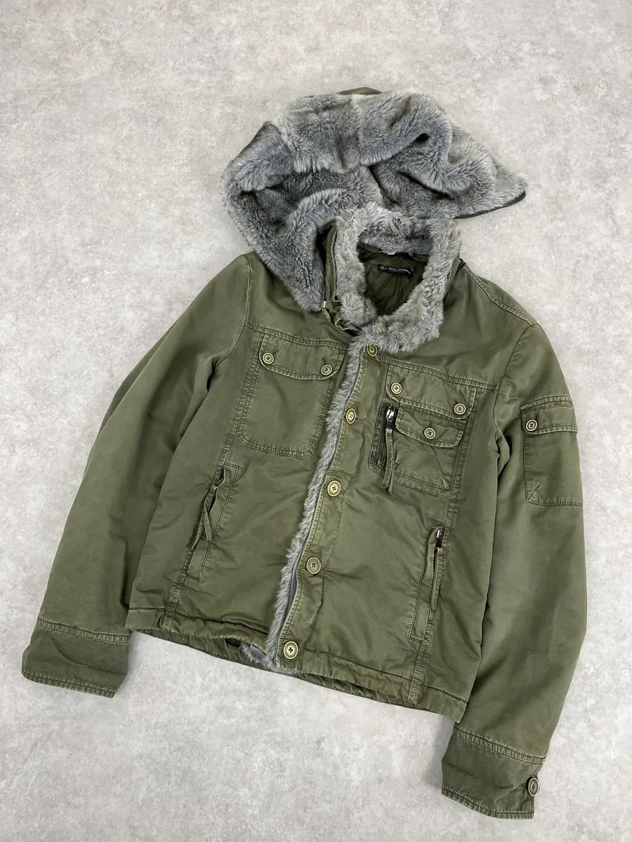 2000s Daniele Alessandrini Military Green Multi Pockets Faux Fur Jacket - Image 4