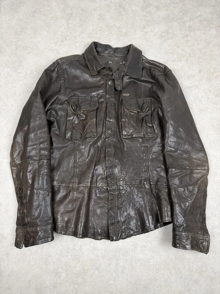 2000s Diesel Avant-Garde Brown Eroded Leather Shirt Jacket