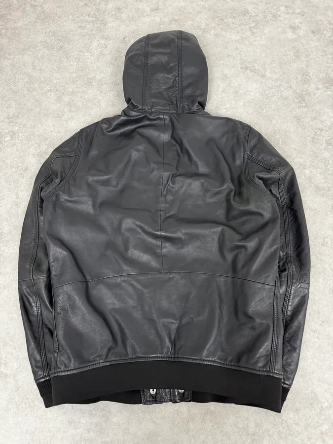 2000s Diesel Black Mafia Leather Hooded Jacket - Image 4