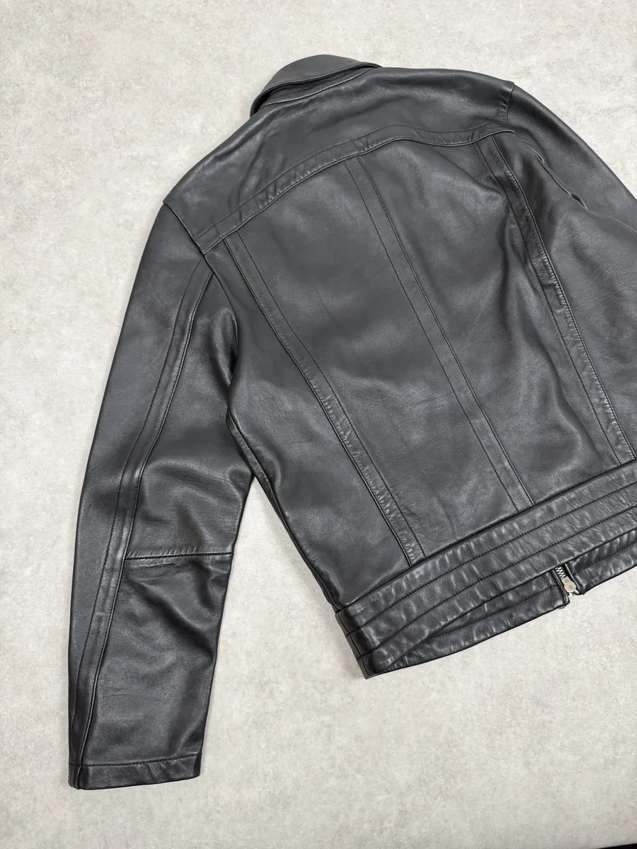 2000s Diesel Black Minimalist Leather Mafia Jacket - Image 7