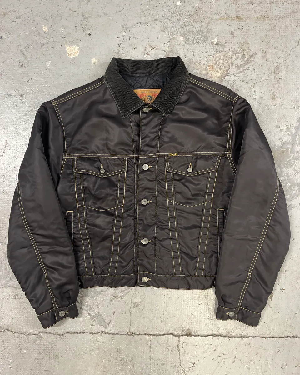 2000s Diesel Boxy Black Nylon Bomber Buttoned Jacket