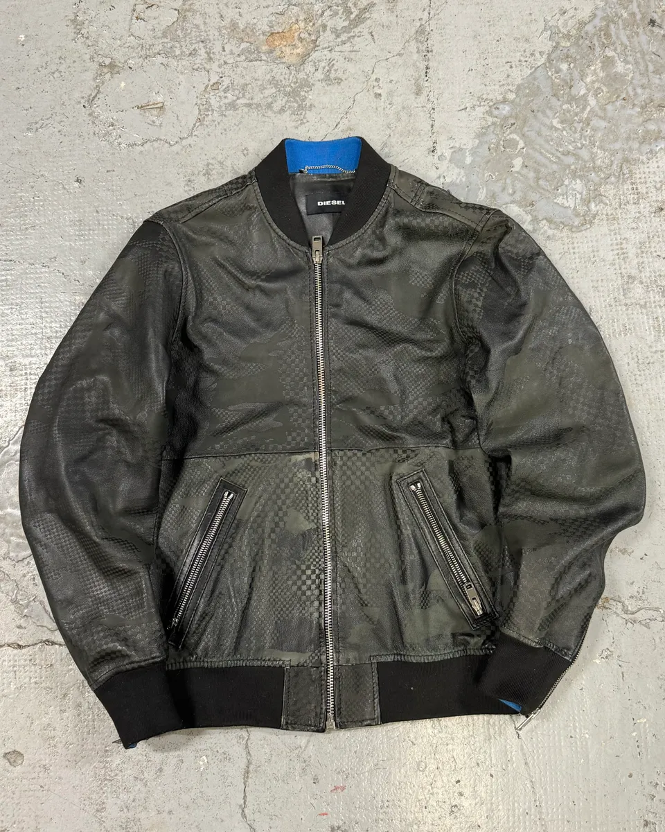 2000s Diesel Camo Square Black Leather Bomber Jacket