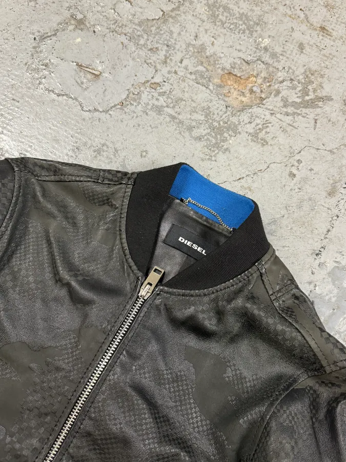 2000s Diesel Camo Square Black Leather Bomber Jacket - Image 4