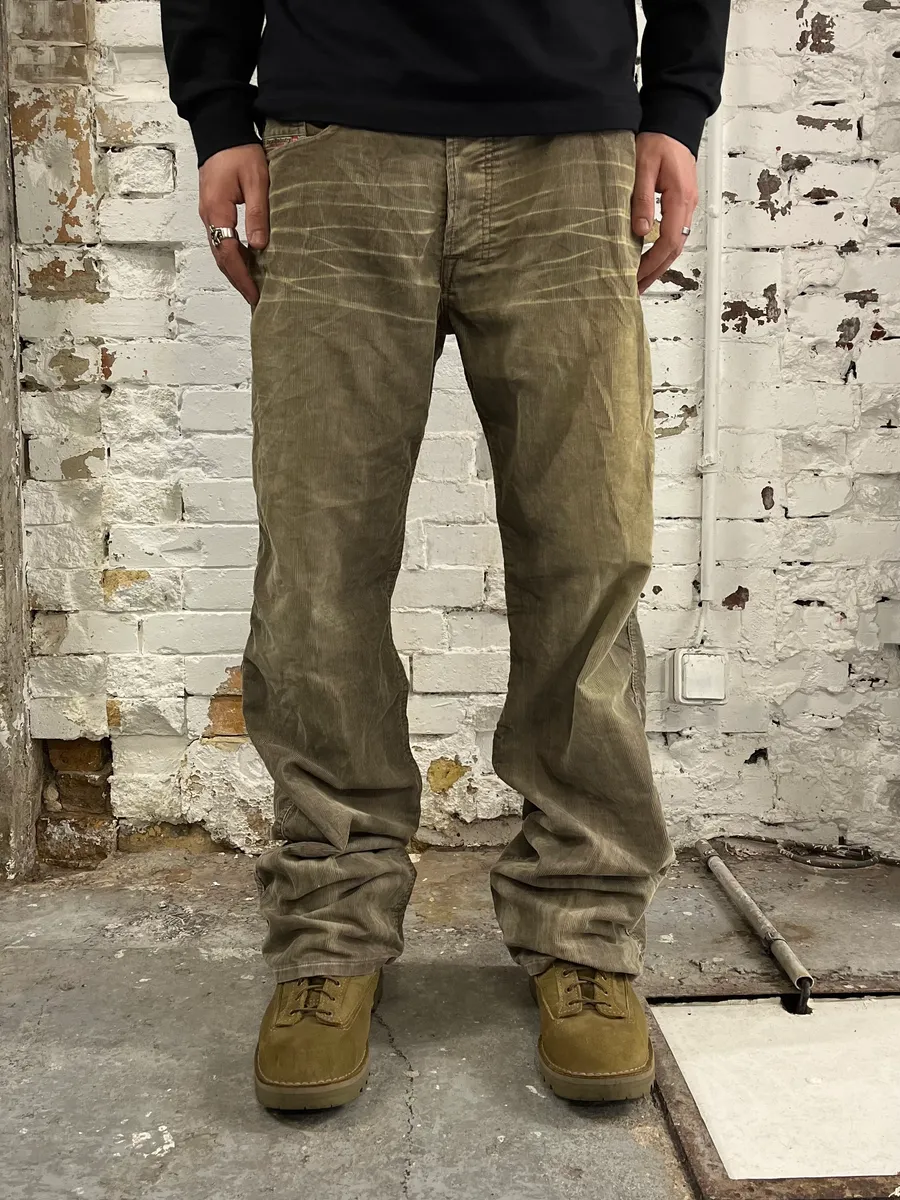 2000s Diesel Eroded Beige Velvet Relaxed Pants
