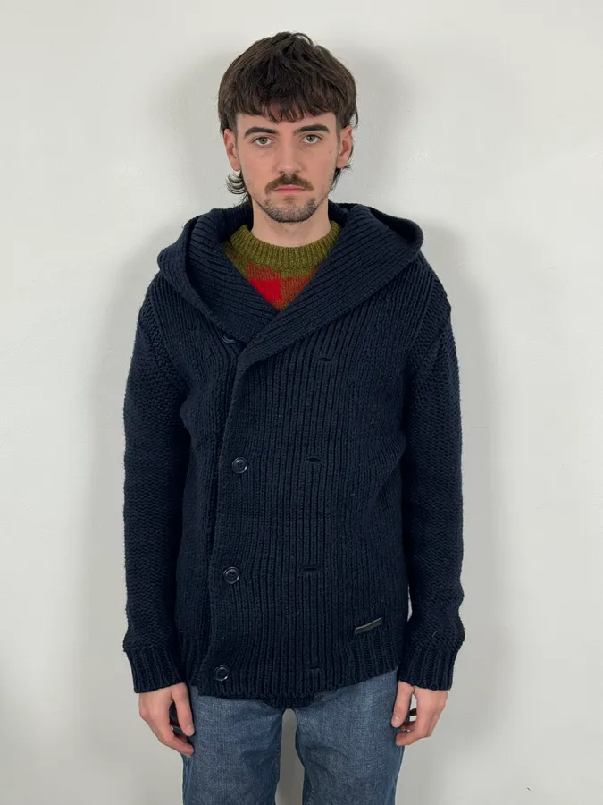 2000s Diesel Navy Wool Buttoned Officer Hooded Sweater - Image 2