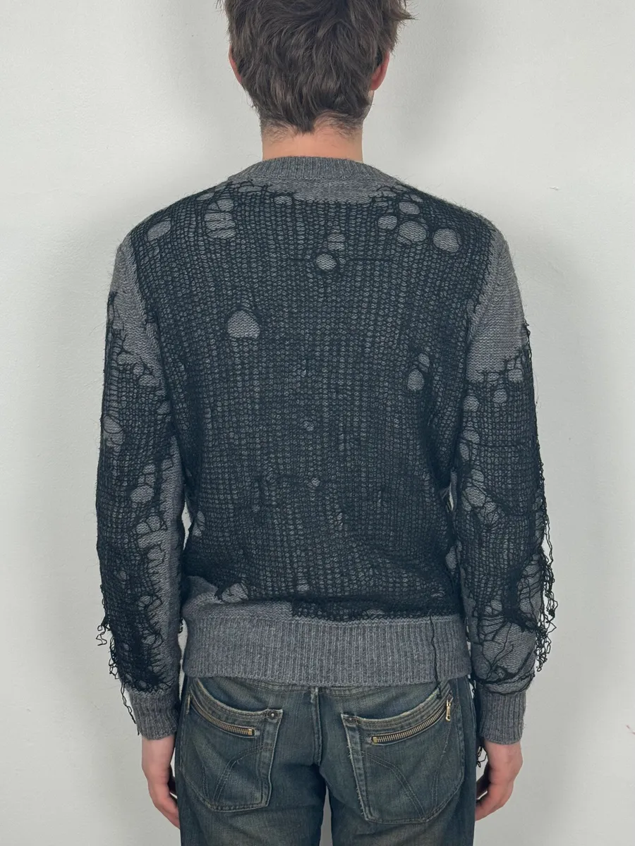 2000s Diesel Spiderweb Destroyed Grey Wool Sweater - Image 3