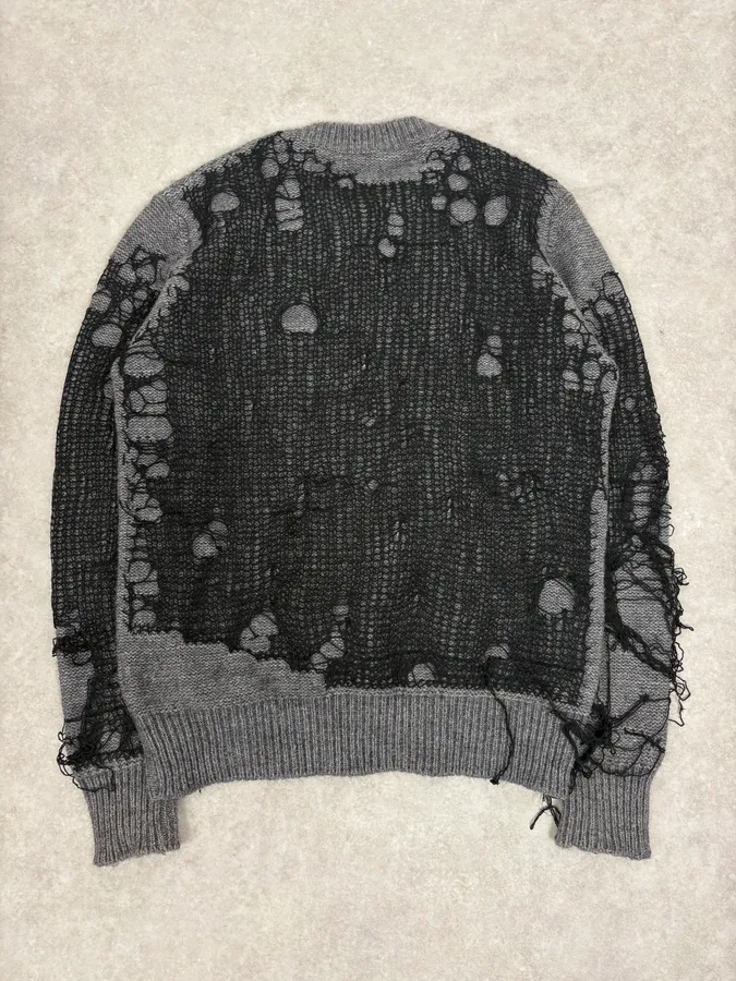 2000s Diesel Spiderweb Destroyed Grey Wool Sweater - Image 6