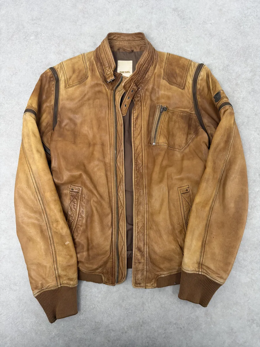 2000s Diesel Sun Faded Brown Multi-Zip Leather Jacket - Image 5