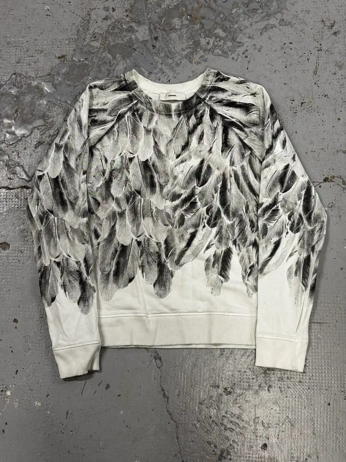 2000s Diesel White & Grey Feather Print Sweater