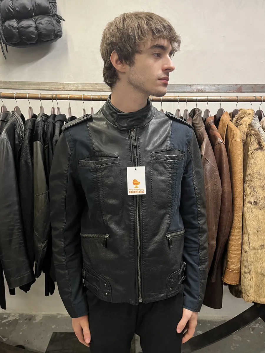 2000s Dirk Bikkembergs Hybrid Biker Leather Jacket Black & Navy - Image 3