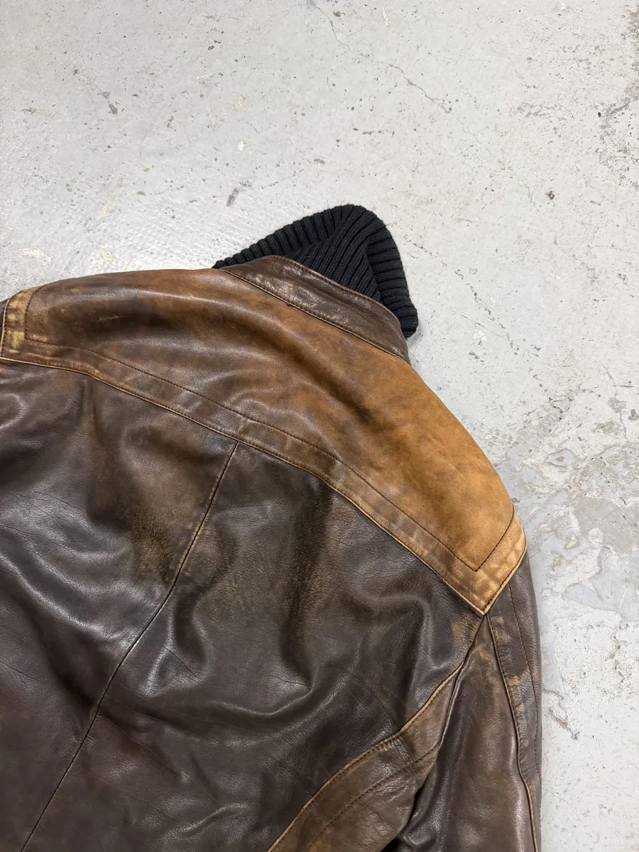 2000s Dirk Bikkembergs Multi Zips Brown Eroded Leather Jacket - Image 6