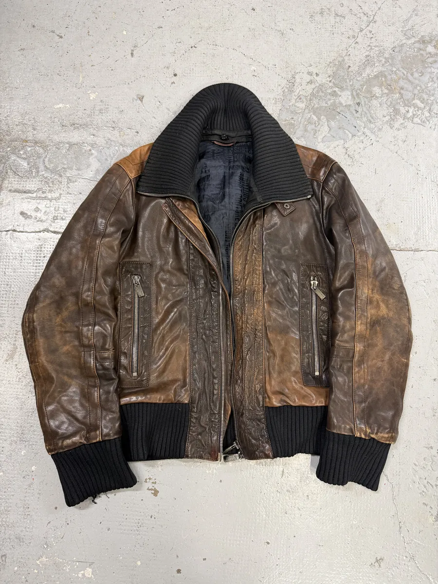 2000s Dirk Bikkembergs Multi Zips Brown Eroded Leather Jacket - Image 8