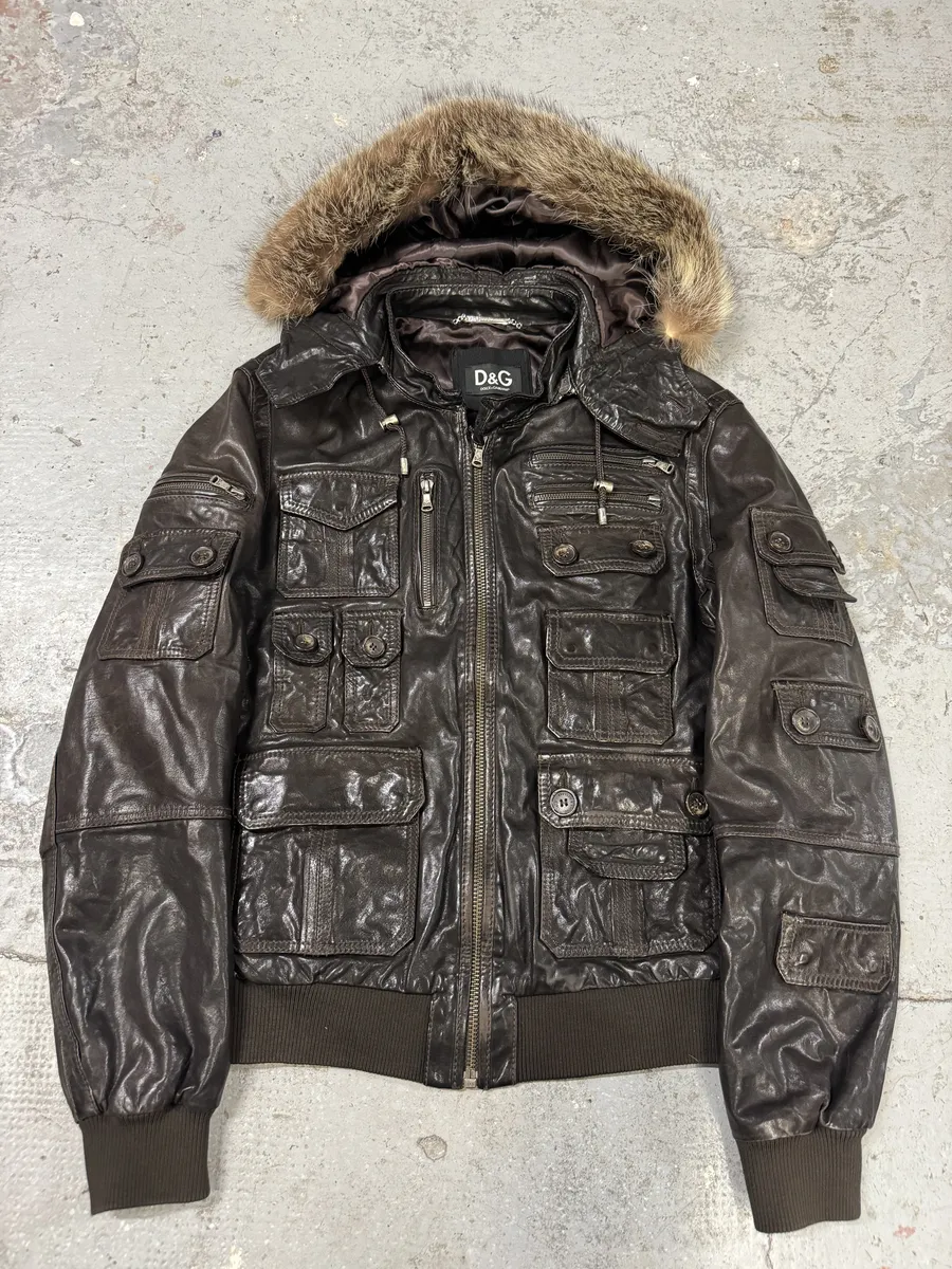 2000s Dolce & Gabbana Army Multi-Pockets Brown Fur Hooded Leather Jacket