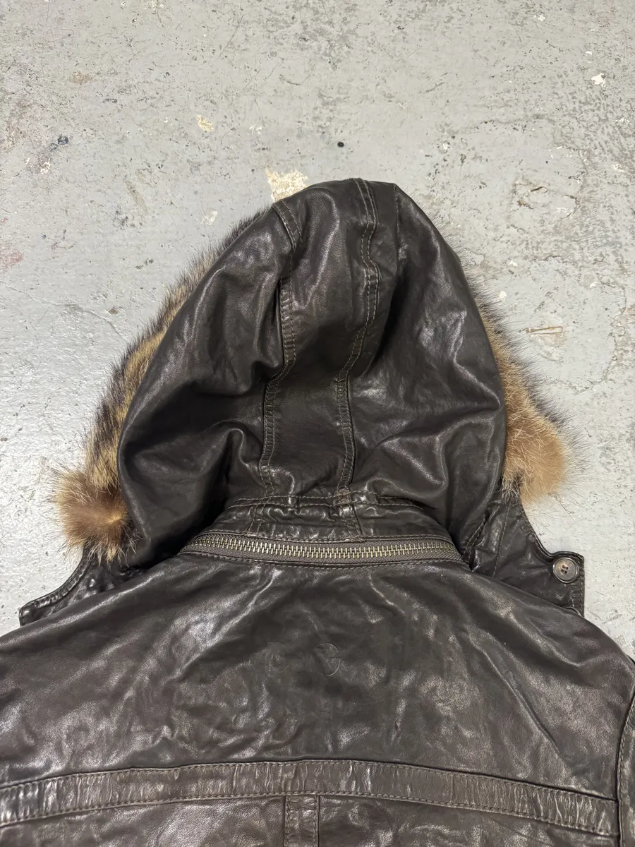 2000s Dolce & Gabbana Army Multi-Pockets Brown Fur Hooded Leather Jacket - Image 6