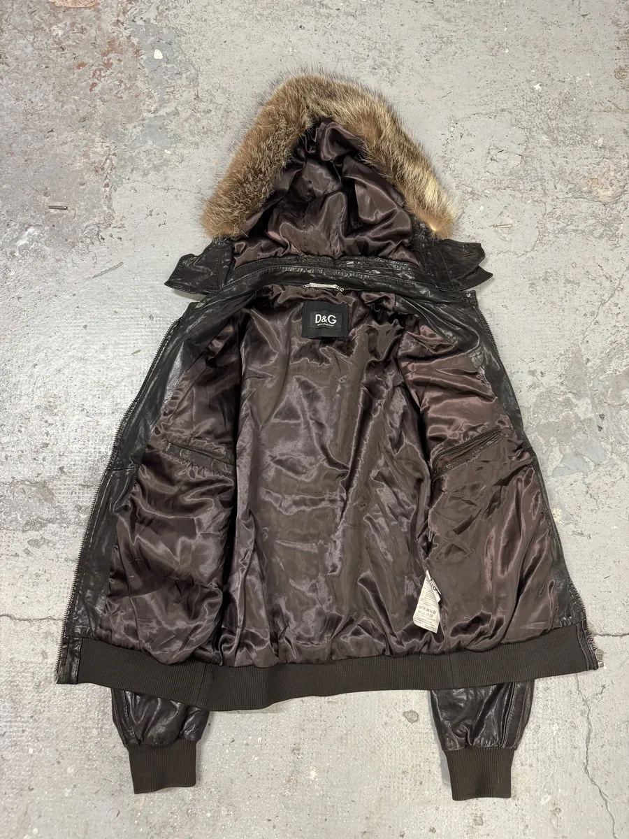 2000s Dolce & Gabbana Army Multi-Pockets Brown Fur Hooded Leather Jacket - Image 7