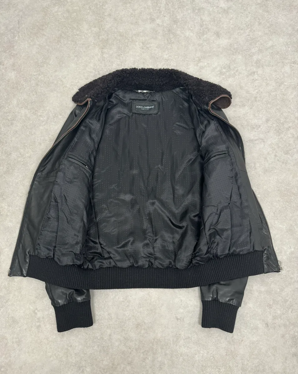 2000s Dolce & Gabbana Aviator Black Shearling Collar Leather Jacket - Image 7