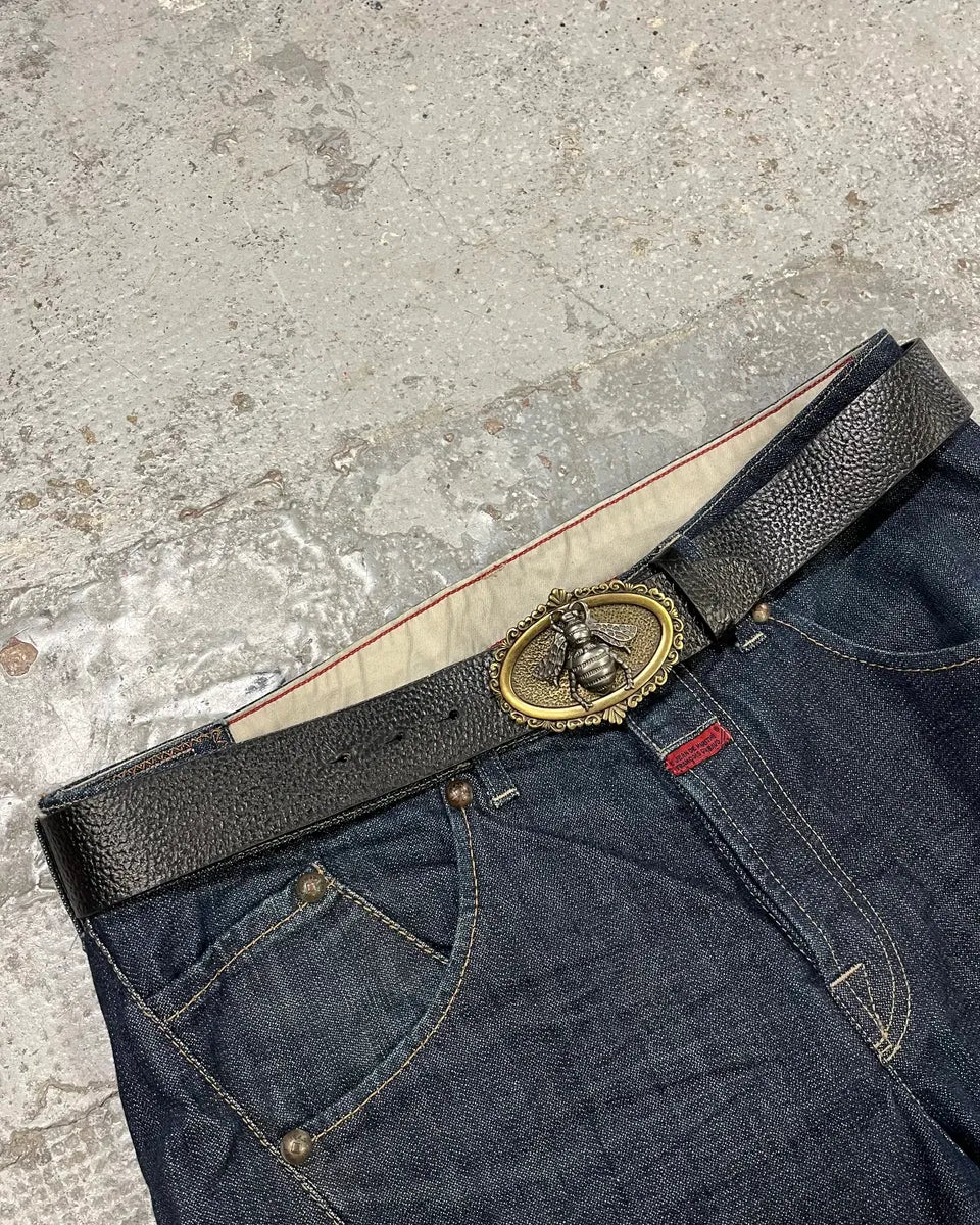2000s Dolce & Gabbana Bee Ornament Buckle Black Leather Belt