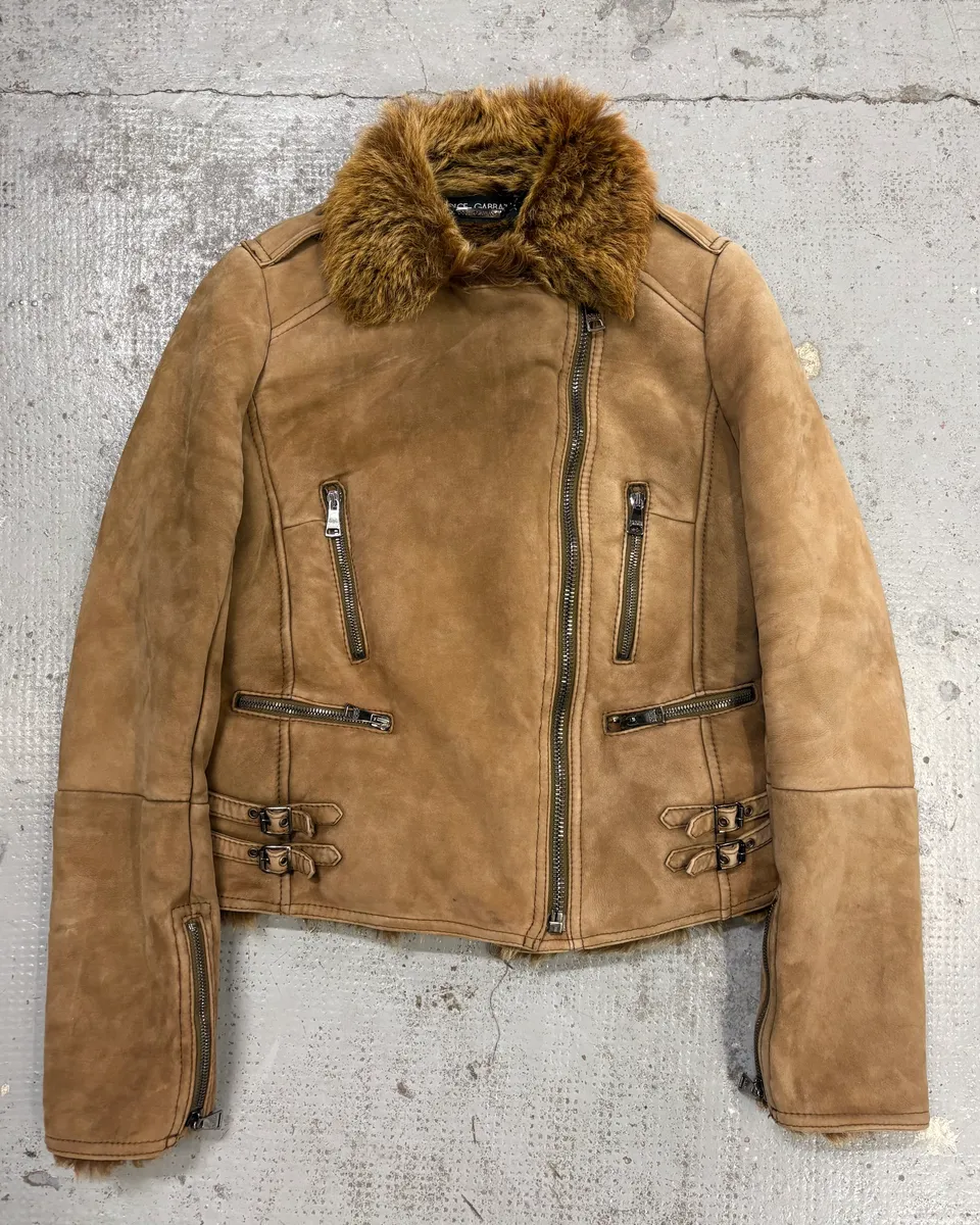 2000s Dolce & Gabbana Beige Asymmetrical Fur Collar Suede Leather Jacket