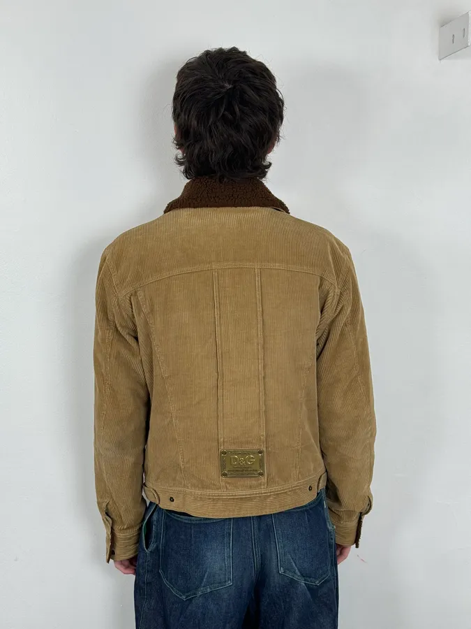 2000s Dolce & Gabbana Beige Corduroy Brown Collar Jacket - Image 3