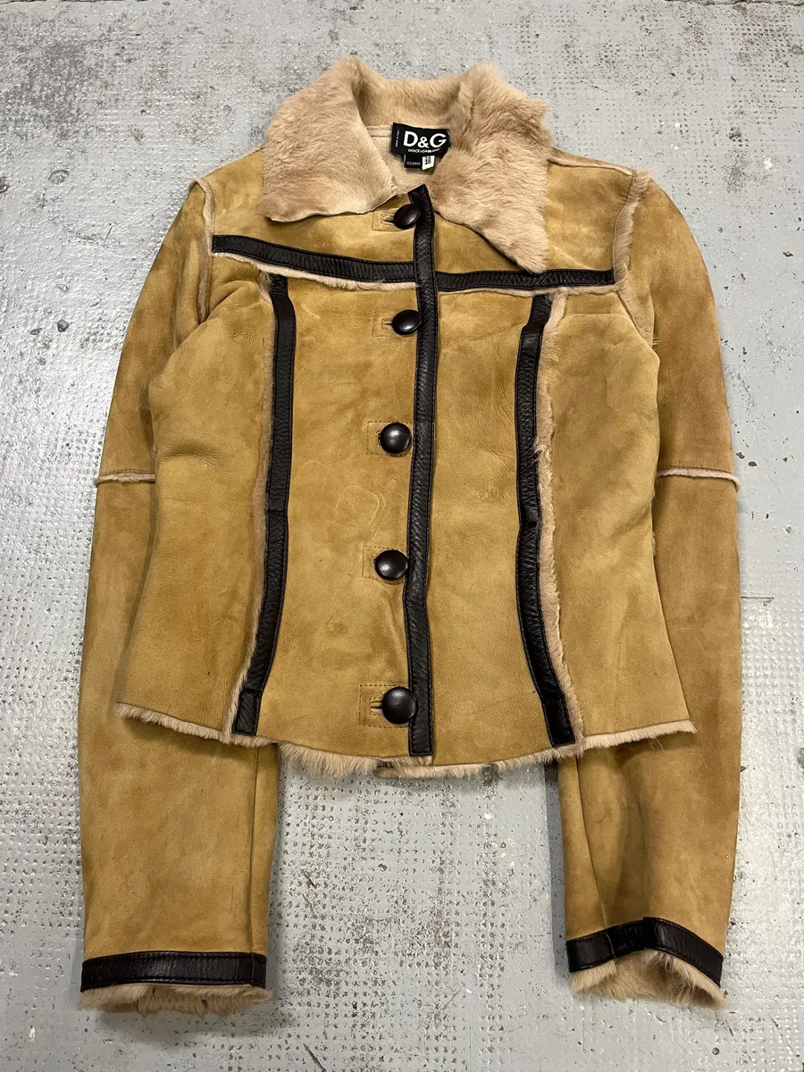2000s Dolce & Gabbana Beige Fur Collar Camel Leather Jacket - Image 4