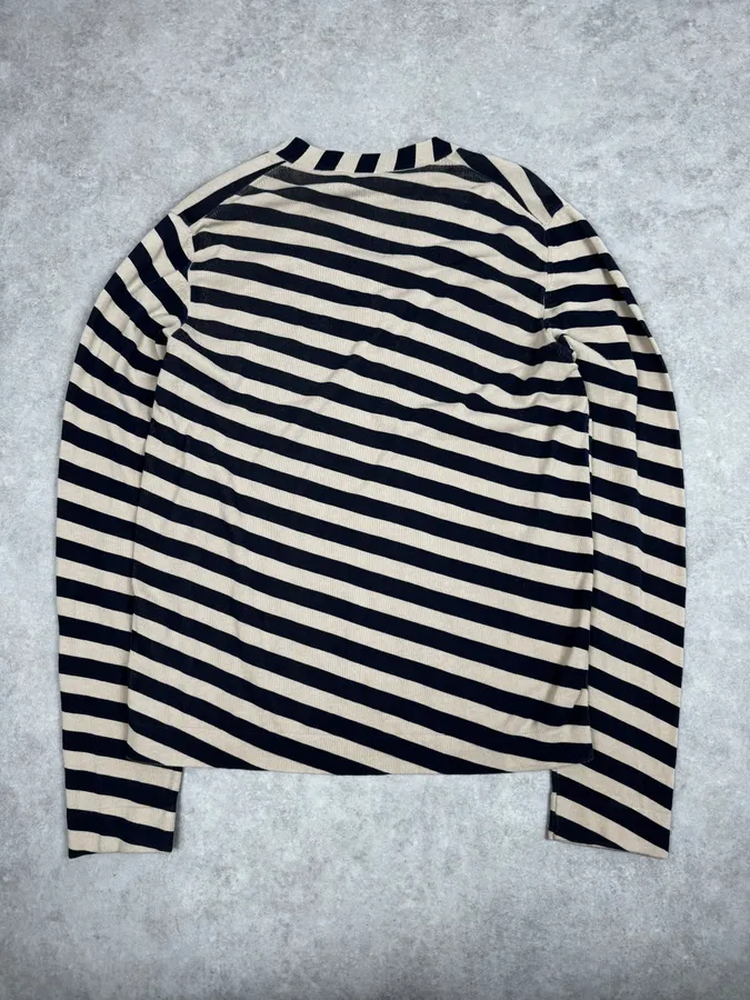 2000s Dolce & Gabbana Beige & Navy V Neck Wool Striped Sweater - Image 4