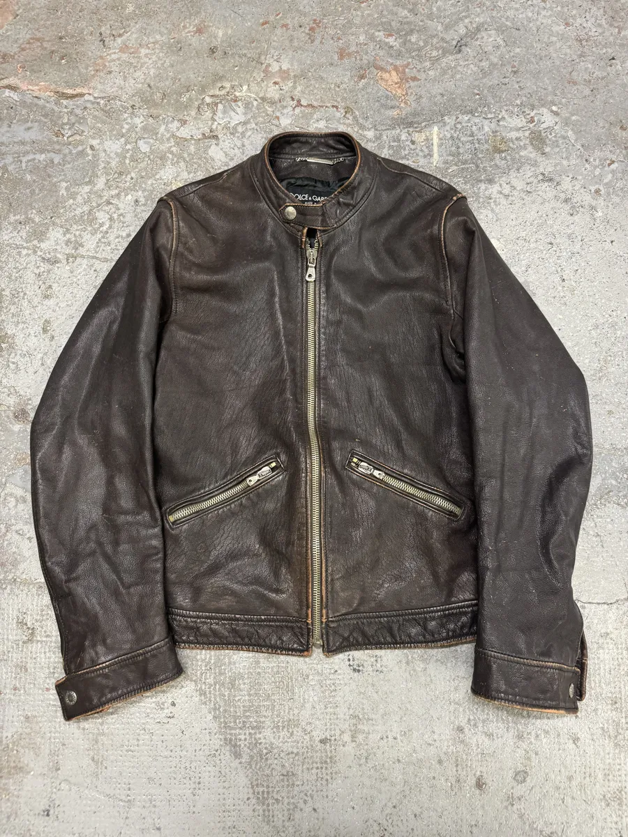 2000s Dolce & Gabbana Biker Brown Leather Jacket - Image 6