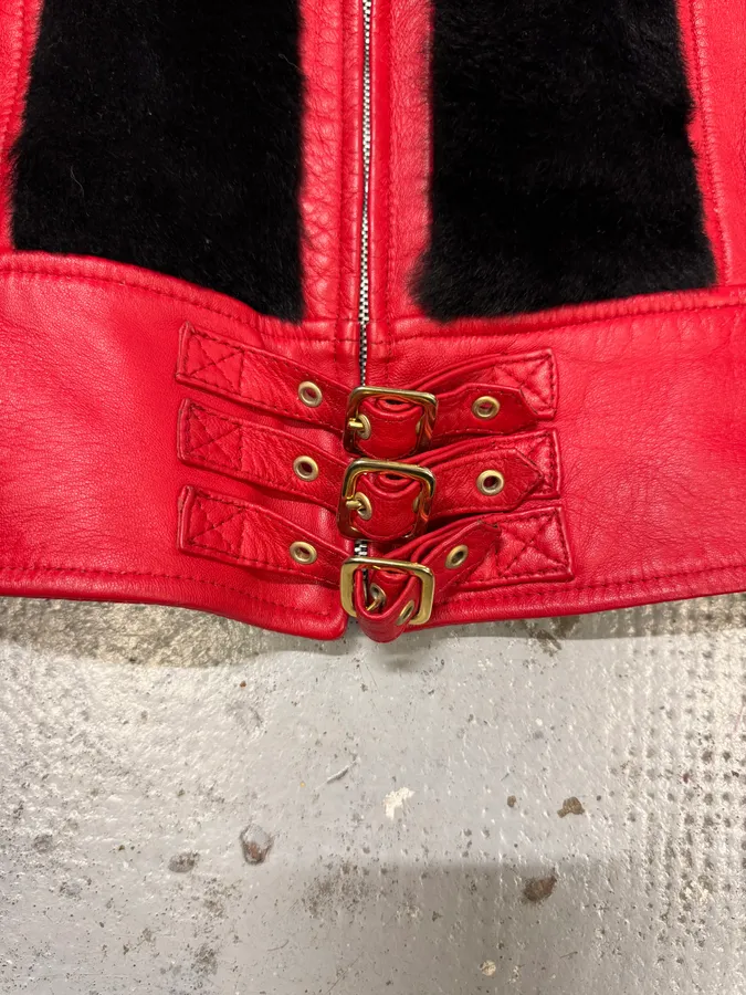 2000s Dolce & Gabbana Biker Leather Red & Black Fur Moto Leather Jacket - Image 7