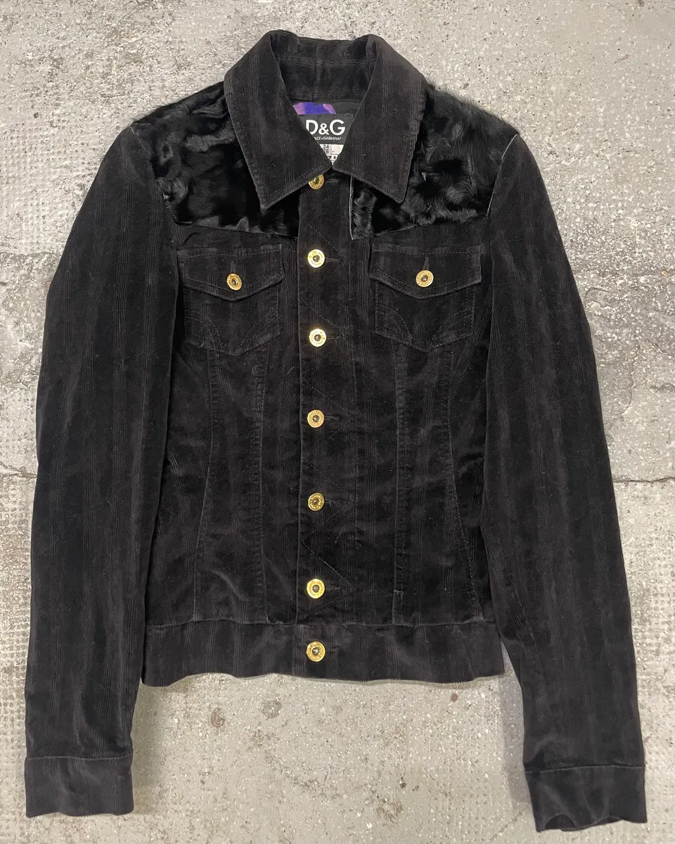 2000s Dolce & Gabbana Black Corduroy & Fur Buttoned Pure Jacket