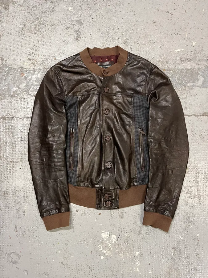 2000s Dolce & Gabbana Brown Leather Buttoned Bomber Jacket - Image 4