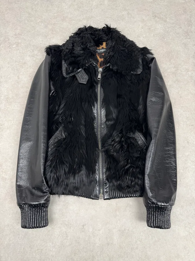 2000s Dolce & Gabbana Black Leather Fur Bomber Jacket