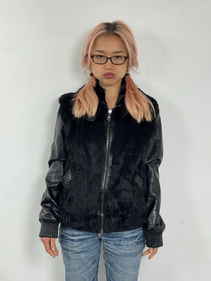 2000s Dolce & Gabbana Black Leather Fur Bomber Jacket - Image 2