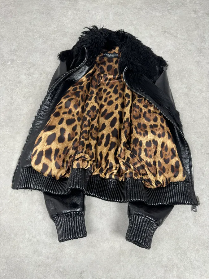 2000s Dolce & Gabbana Black Leather Fur Bomber Jacket - Image 3