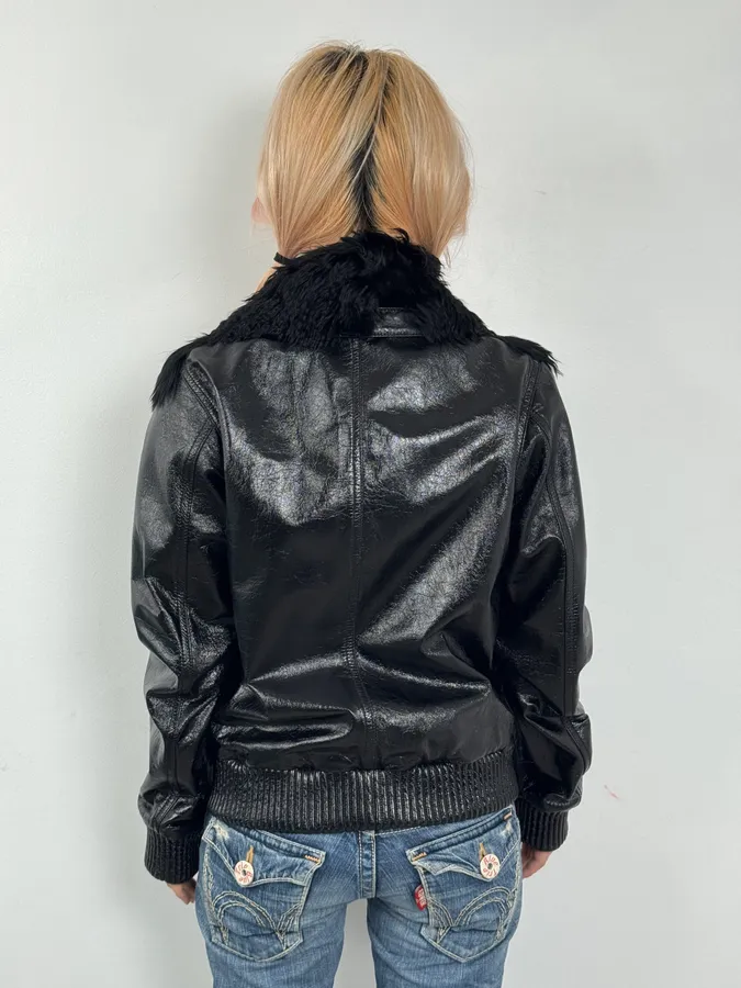 2000s Dolce & Gabbana Black Leather Fur Bomber Jacket - Image 4