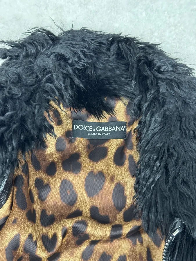 2000s Dolce & Gabbana Black Leather Fur Bomber Jacket - Image 6