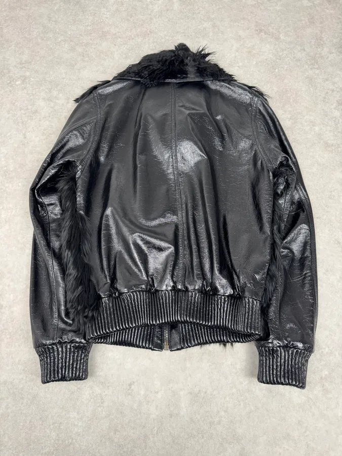 2000s Dolce & Gabbana Black Leather Fur Bomber Jacket - Image 8