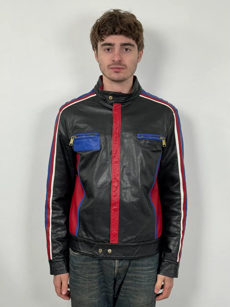 2000s Dolce & Gabbana Blue & Black Racing Biker Leather Jacket - Image 2