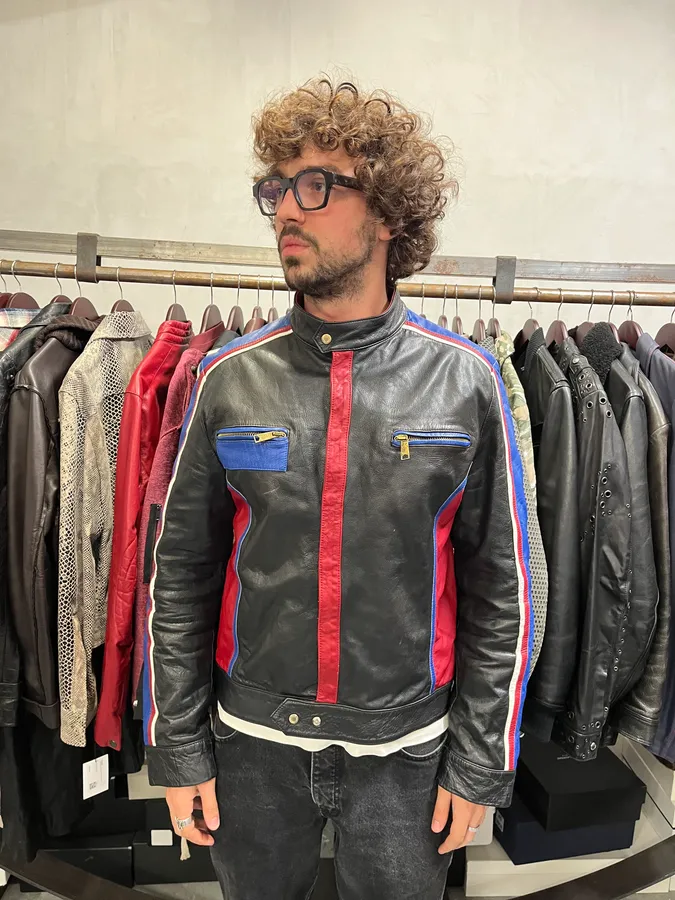 2000s Dolce & Gabbana Blue & Black Racing Biker Leather Jacket - Image 2